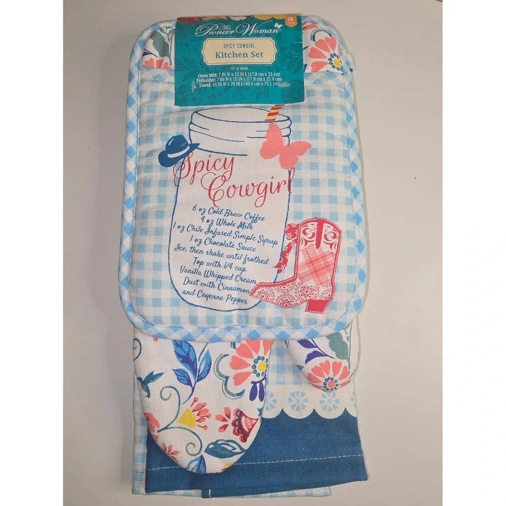 The Pioneer Woman Spicy Cowgirl 3 piece Kitchen Set‎ Towel Oven Mitt Potholder